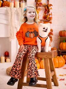 Girl's Halloween Costume Pumpkin Leopard Print Long Sleeve Crew Neck ...