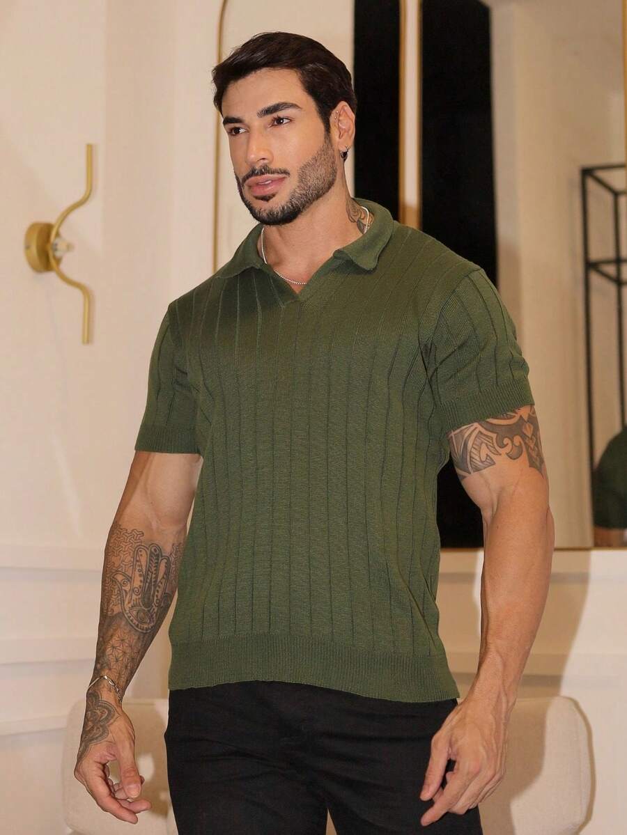 TRICOT DE LUXO Men's Knitted Sweater Shirt, Chic, Lightweight, Textured, High Quality, Autumn And Winter, Valentine's Day - 軍綠色 - 查看 1