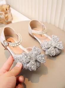 1 Pair Fashion Princess Shoes For Girls, Summer New Design With Bowknot Buckle, Closed Toe And Rhinestone Decor, Suitable For Outdoor Activities, Parties And Various Occasions