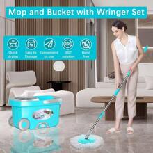 FunClean Spin Mop And Bucket, Mop And Bucket With Wringer Set For Home, 360 Spinning Mopping Floor Cleaning Tool With 6 Microfiber Replacement Head Refills, 61" Extended Handle, 2X Wheel - Blue