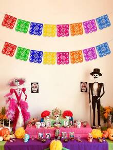 Mexican Style Flag Banner, 8pcs Square/9pcs Rectangle Hanging Felt Flags, Colorful Hollowed-Out Flags Mexican Elements Garland Flag Banner, Perfect For Day Of The Dead Decor,Mexican Party Decor,Carnival Festival Holiday Halloween Party Supplies, Pinata Themed Wall Background Decoration