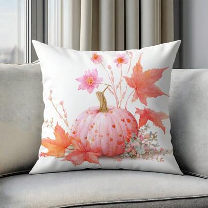 1 peça 17,7*17,7 pol. Capa de almofada decorativa de outono com estampa dupla face de abóbora rosa, folhas e flores, capa de almofada para decoração de casa para sala de estar, sofá, quarto, reunião diária, presente