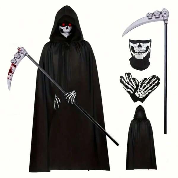 Ein Set der besten Rollenspiel-Kostüme, inklusive eines schwarzen langen Umhangs, Totenkopf-Handschuhen und einer Requisiten-Sichel, geeignet für Kostümdesigns zu Weihnachten, dem Aprilscherz und anderen Partyveranstaltungen.