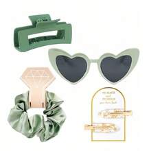 伴娘礼盒4件套，包括伴娘发夹、伴娘发箍、伴娘太阳镜，新娘派对礼物，丝缎柔软发饰，伴娘婚礼礼物，女士（绿色） - 4pcs - 查看 18