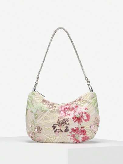 1 szt. Damska torba na ramię w stylu retro, w stylu wakacyjnym, z kwiatowym haftem i cekinami, z motywem półksiężyca i motywem oceanicznym, idealna na wyjścia, randki, wakacje, imprezy