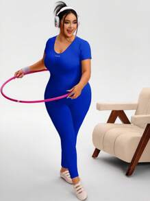 TCVC Mono sin espalda de manga corta con diseño de moda para mujer talla grande, mono ajustado y transpirable sin espalda, cintura estrecha de alta elasticidad que estiliza la figura, de tela de punto amigable con la piel y transpirable que absorbe la humedad, estilo callejero europeo y americano, adecuado para caminar al aire libre, compras, viajes, oficina, versátil