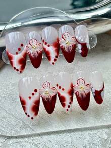 10pcs Handmade Nails Almond Nails Press On Nails Medium, Elegant Red White Nails, French Tip Nails, Smudge Gradient Hand-Painted Polka Dots Floral 3D Carved Embossed Flower, Premium Universally Flattering Nail Tips,Edgy Elegant Luxury Handcrafted Summer Nails, Modern Aesthetic Handmade Nails, Party Daily & Dating Use Beach Tropical Getaway Suitable,DIY False Nail Art Suitable For Women & Girls As Gift Nail Supplies - Red - View 8