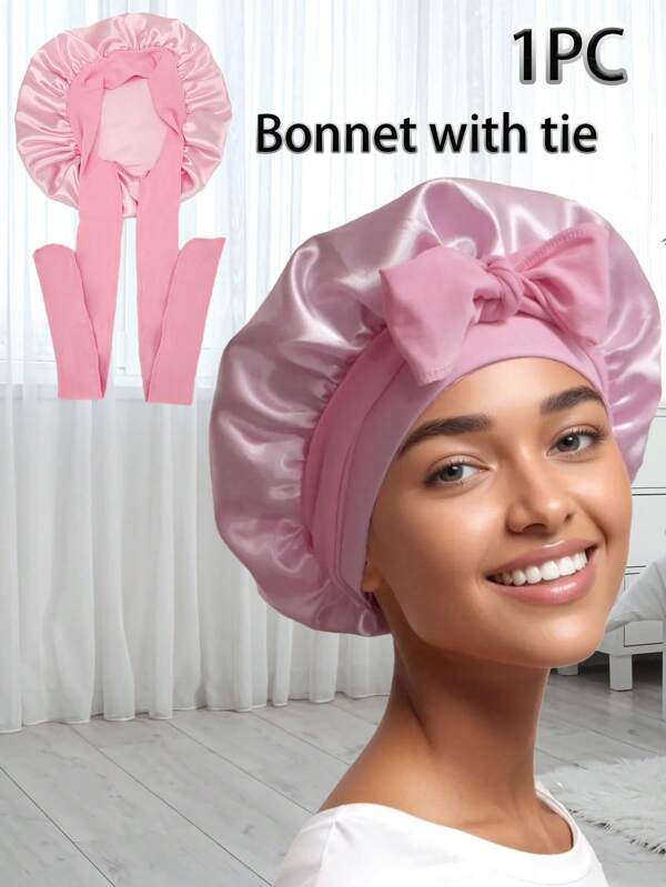 1 pieza Gorro de seda Goma de satén Gorra para dormir por la noche Gota para el sueño con banda de sujeción Goro negro con envoltura para la cabeza para mujeres Cabello natural
