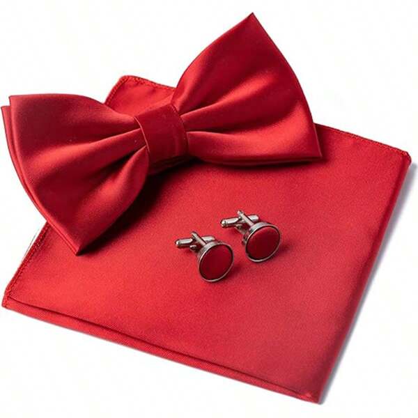 3Pcs Mens Solid Color Double Fold Pre-Tied Bow Tie And Pocket Square Cufflink Set, Men's Pre-Tie Bow Tie Satin Silk Adjustable Bow Tie Cufflinks Pocket Square Sets