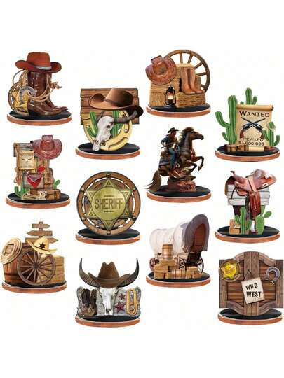 9-12 adet Ahşap Batı Kovboy Temalı Masa Üstü Dekoru, Vahşi Batı Doğum Günü Partisi İçin Orta Parça