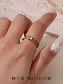 Anéis de aço inoxidável com zircônia cúbica em formato de coração, banhados a ouro 18K, com duas camadas, ajustáveis, abertos, para mulheres, mães, românticas, douradas, férias, acessórios de joias para casamento, presentes para o dia das mães e dia dos namorados - Aço inoxidável - Ver 3