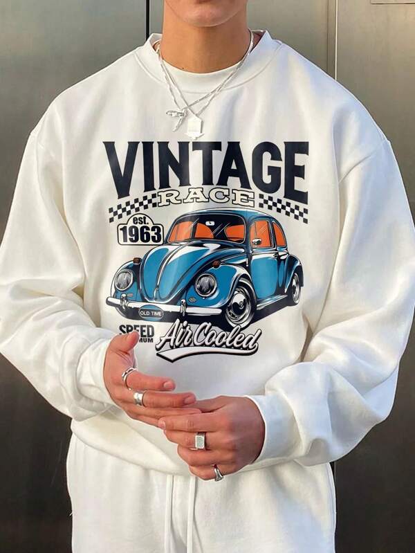 Men's Loose Fit Crew Neck Drop Shoulder Long Sleeve Car Graphic Sweatshirt