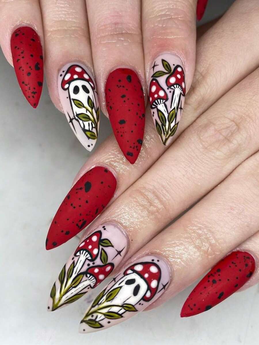 24 件万圣节美甲作品：可爱鬼南瓜美甲、花朵、鬼蘑菇、鬼指甲设计、南瓜猫、蜘蛛、蝙蝠、法式美甲产品、女士美甲装饰按压式美甲用品美甲 - 彩色 - 查看 1