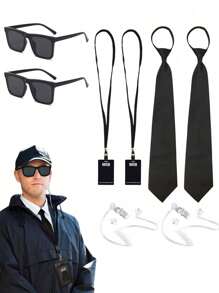 2/4/8件套情人节派对服装圣诞舞会角色扮演黑衣人特工配件，特工服装套装秘密安全局服装配件包，包括领带、黑色太阳镜、耳机和身份卡，适合青少年和成人角色扮演，耳机和对讲机，特工领带和眼镜，特工耳塞和对讲机，MIB徽章卡。圣诞节、狂欢节之夜、平安夜、新年派对角色扮演外星人，黑衣人保镖服装。 - 彩色 - 查看 5