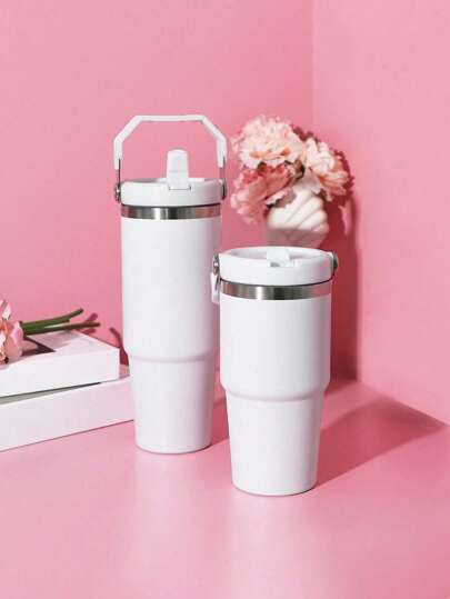 1pc-Tumbler With Flip Straw & Handle,Stainless Steel Leak Proof Tumbler,Double Walled Insulated Water Bottle,Reusable Cup, Portable Travel Mug Fit In Cup Holder