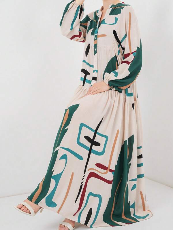 Women's Romantic Floral And Geometric Print Stitching, Half-Open Front Placket, Small Stand-Up Collar, Dress Division, A-Line Loose And Elegant Casual Vacation, Maxi Dress