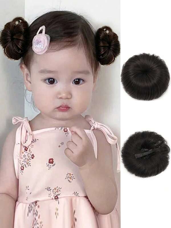 2 pièces Petit chignon de cheveux synthétiques ébouriffés, clip pince mini pour chignon, extensions de cheveux de chignon, élastique à cheveux synthétique avec queue, pour filles et enfants, couleur noir et brun