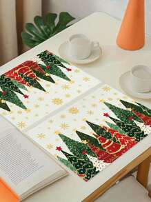 1/2/4 piezas Manteles con tema navideño, diseño de árbol de Navidad vintage, estrella, copo de nieve, manteles de poliéster de 30x45cm, adecuados para la decoración central de la mesa de Navidad, decoración de platos para fiestas navideñas y reuniones familiares