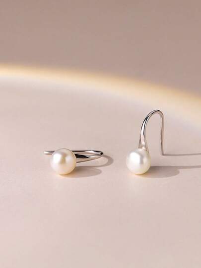 2 Pcs French Style Elegant S925 Sterling Silver Shell Pearl Earring With Long Hooks For Women's Daily Commuting Fashion Outfit