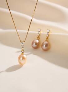 AETOLIA 1 Set 925 Sterling Silver Elegant Natural Pearl Necklace And Earrings Set, Inlaid With Shiny Cubic Zirconia, Fashion Jewelry Suitable For Women To Wear On Dates, Weddings, Engagements, Anniversaries, Valentine's Day And Other Occasions