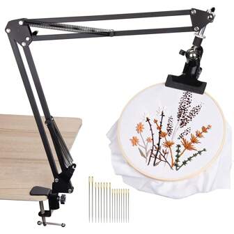 Adjustable Metal Embroidery Hoop Stand, Folding Embroidery Hoop Holder And 16 Pieces Embroidery Needles