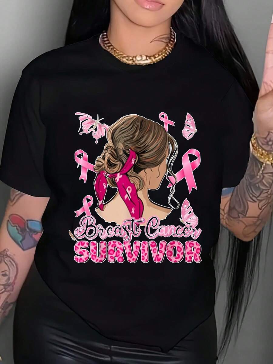 Breast Cancer Survivor T-Shirt I Am A Survivor T-Shirt To Be Called A Breast Cancer Survivor T-Shirt Stronger Than Cancer Women's T-Shirt October Pink Ribbon Cancer Short Sleeve Top Women's Cancer T-Shirt Faith Inspirational T-Shirt,Women's Plus Size Clothing - 黑色 - 查看 1