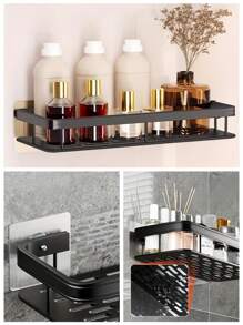 1/2 Pieces Black Bathroom Shelf, Large Capacity Wall Mounted, No Drilling Required, Wall Mounted Shower Shampoo Holder, Bathroom Towel Rack, Wall Mounted Rectangular Bracket, Stick-On Bathroom Shower Rack, Suitable For Bathroom And Kitchen