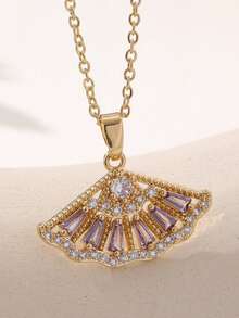 1 件全镶水钻女士项链吊坠，采用长方形和圆形方晶锆石设计，不锈钢链条，优雅扇形奢华吊坠项链，适合日常佩戴、派对，也可作为送给女友的礼物