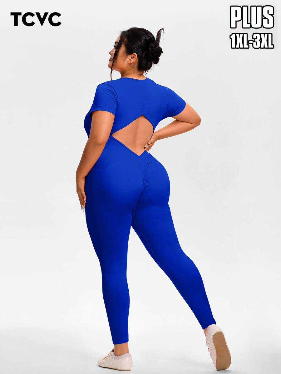 TCVC Mono sin espalda de manga corta con diseño de moda para mujer talla grande, mono ajustado y transpirable sin espalda, cintura estrecha de alta elasticidad que estiliza la figura, de tela de punto amigable con la piel y transpirable que absorbe la humedad, estilo callejero europeo y americano, adecuado para caminar al aire libre, compras, viajes, oficina, versátil