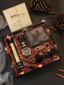 7 件男士奢华商务休闲运动石英表套装 + 太阳镜、钱包、梳子、钥匙扣、贺卡，专为男士设计，必备日常配饰，适合返校、感恩节、周年纪念日、节日礼物 - 黑色 - 查看 2