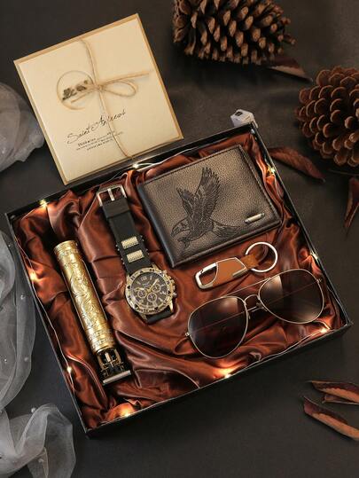 7 pièces Ensemble de montres à quartz de luxe, décontractées et sportives pour hommes + lunettes de soleil, portefeuille, peigne, porte-clés, carte de vœux, conçu pour les hommes, accessoires quotidiens essentiels, convient pour la rentrée scolaire, Thanksgiving, anniversaire, cadeaux de fête