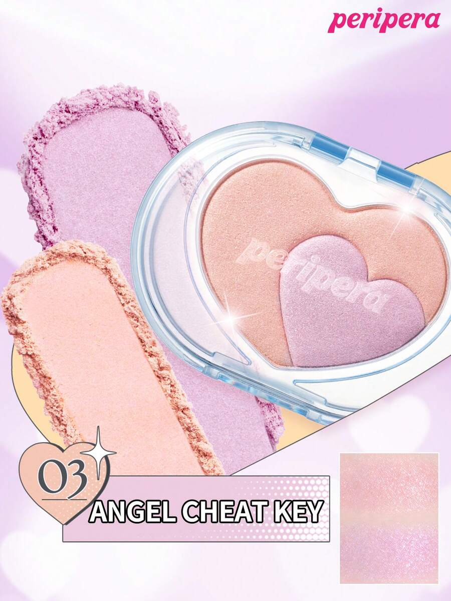 Peripera K-Beauty HEART POCKETBEAM 2色粉末高光盤,可暈染鑽石閃亮,光澤亮麗,絲絨觸感,持久防暈染,臉部、臉頰、眼部、身體多用途高光盤 - # 03 ANGEL CHEAT KEY - 查看 1