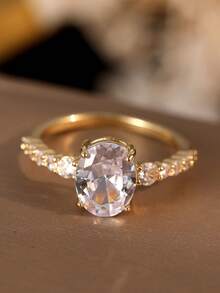 Gift Box Set Luxury Rhinestone Gold Ring, Elegant Oval Gemstone Ring Suitable For Women Wedding, Engagement, Valentine's Day, Birthday Gift