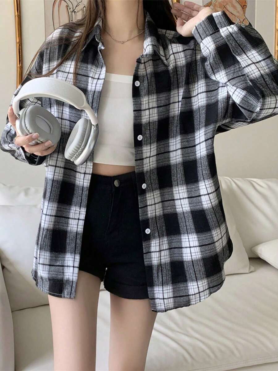 Autumn American Retro Black & White Plaid Shirt, Loose Mid-Length Korean Version Brushed Jacket For Women