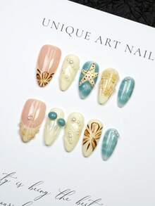 10 件套欧美风格短杏仁人造按压指甲，手绘渐变 3D 海星水母浮雕扎染设计水滴指甲片，法式指甲设计，海滩必备，珍珠镶嵌，奢华优雅的手工夏季指甲，Y2K Baddie 美学，DIY 假指甲适合女性和女孩作为礼物指甲用品 - 1 个指甲锉和 1 个凝胶 - 彩色 - 查看 1