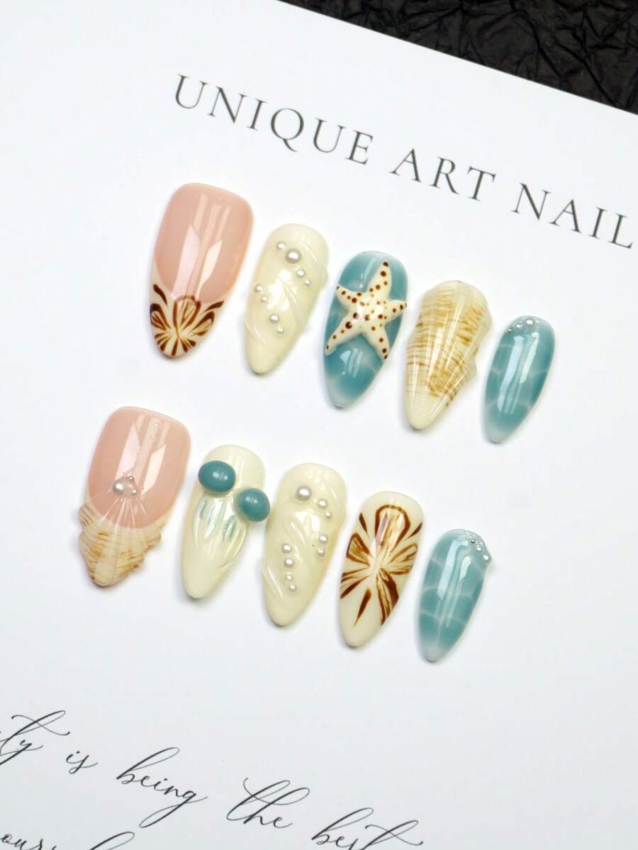 10 件套欧美风格短杏仁人造按压指甲，手绘渐变 3D 海星水母浮雕扎染设计水滴指甲片，法式指甲设计，海滩必备，珍珠镶嵌，奢华优雅的手工夏季指甲，Y2K Baddie 美学，DIY 假指甲适合女性和女孩作为礼物指甲用品 - 1 个指甲锉和 1 个凝胶 - 彩色 - 查看 1