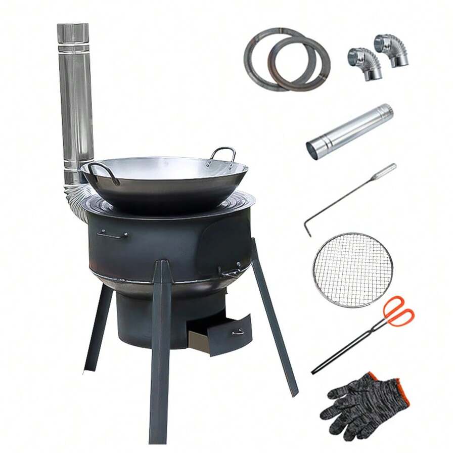 35cm Portable Stainless Steel Wood-Burning Stove With 2 Rings, Removable Outdoor Cooking & Heating Fire Pit - Black - View 1