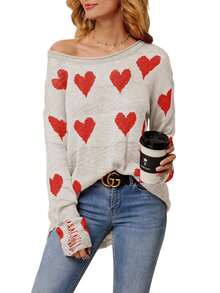 Womens Cute Love Heart Print Sweaters Oversized Off The Shoulder Loose Knitted Valentine Pullover Blouse Top - 白紅色 - 查看 2