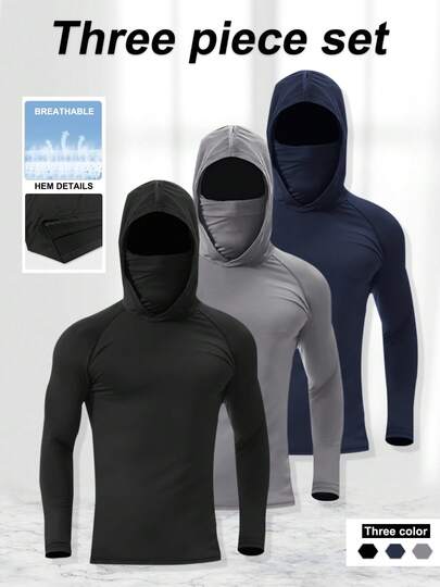 3 Pieces -Men's Sports Tight-Fitting, Height-Elastic Sweat-Absorbing, Breathable, Quick-Drying, Mask Hooded, Compression, Long-Sleeved Top, Solid Color, Comfortable, Basic Style, Running, Enhanced Exercise, Sports Long-Sleeved Top
