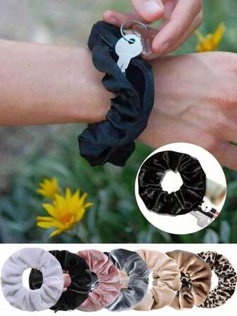 1/3/5 piezas Scrunchies de pelo de terciopelo con bolsillo con cremallera, diademas de tela elegantes con bolsillo oculto, lazos de pelo elásticos con compartimento con cremallera para guardar efectivo, llaves, lápiz labial, adecuados para mujeres, estilo minimalista, Scrunchies de terciopelo, bandas de pelo elásticas, lazos de pelo de unicolor para mujeres, sujetadores de cola de caballo, accesorios para el cabello, estilo bohemio