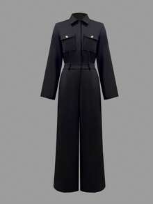 Women's Elegant Commuter Jumpsuit, Solid Color Polyester Fabric, Front Button Pockets With Zipper - Black - View 9