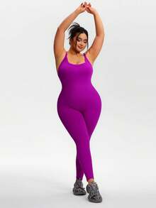 Plus Size Women Seamless High Elasticity Sports Jumpsuit, Backless Sexy Outdoor Fitness Yoga Wear, Solid Color, Slim Fit, Daily Wear - 紫色 - 查看 3