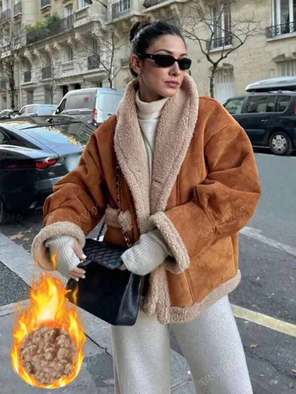 Abrigo de mezcla de lana elegante y casual para mujer, chaqueta suelta con cuello de solapa y forro de piel sintética, adecuado para uso diario, citas, ir al trabajo y otras ocasiones, otoño/invierno
