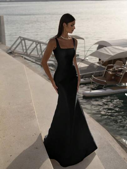 Basrey 黑色吊带高腰修身露背伴娘礼服美人鱼长裙，适合婚礼、单身派对、度假、晚宴、新娘、白色礼服