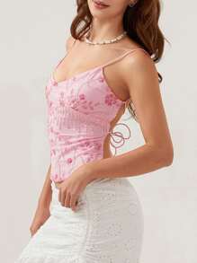 Women's Summer Babydoll Tops Sleeveless Spaghetti Strap Lace Trim Camisole Cami Tank Tops - 淺粉色 - 查看 3