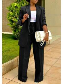 Women's Fashion Pants Suit Piece Business Outfits Casual Double Breasted And Pant Sets - 0黑色 - 查看 4