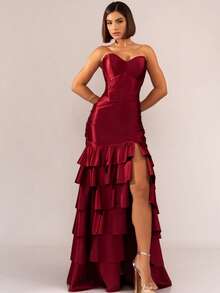 Luxurious Tiered Detail Bridesmaid/Prom Wedding Dress - 酒紅色 - 查看 2