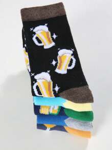 5 Pairs Of Men's Beer-Patterned Mid-Calf Sock Sets Are Suitable For Use All Year Round