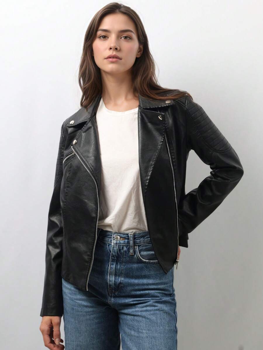 Black Fitted PU Leather Jacket with Asymmetric Zip. Motorcyclist Jacket. With multiple pockets and decorative stitching, suitable for various occasions. - 黑色 - 查看 1