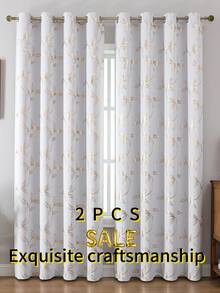 Bộ 2 rèm cản sáng, sợi polyester dệt có độ chính xác cao, thiết kế vòng trên cùng, rèm họa tiết hoa trắng và vàng, thích hợp cho phòng khách, phòng ngủ, phòng ăn, trang trí nhà cửa - Vàng trắng - Xem 10